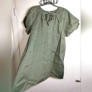 Amazhiyu (Size M) Olive Green 100% Linen Tie Keyhole Puff Sleeves Shift Dress